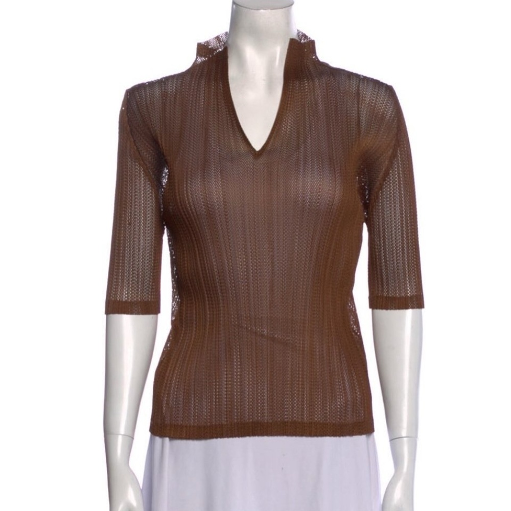 Issey Miyake Pleats Please Collar Brown Sheer Knit Top